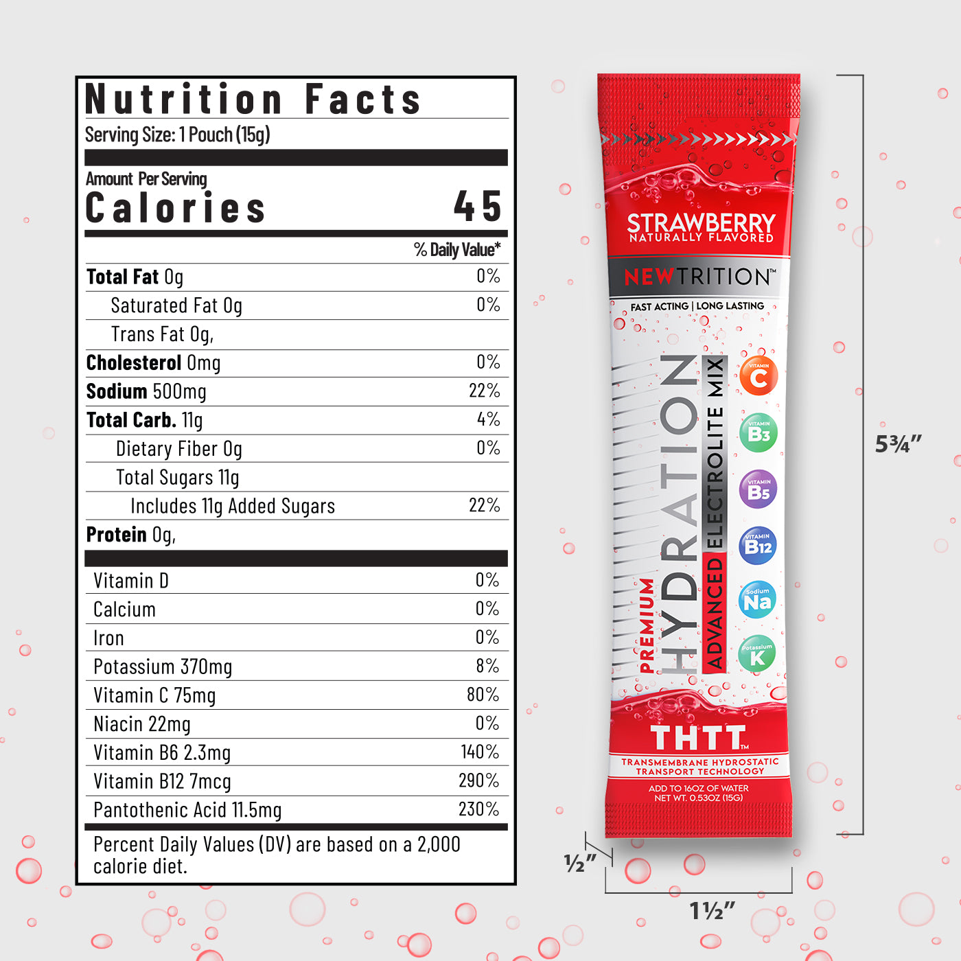 Hydration Packets Electrolyte Drink Powder Packets | Dehydration Relief 12 Servings - Strawberry