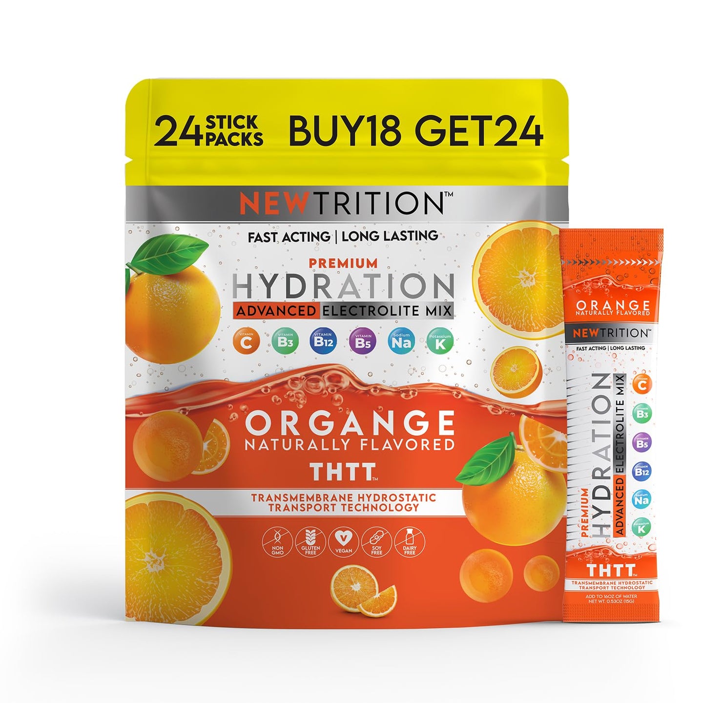 Hydration Packets Electrolyte Drink Powder Packets | Dehydration Relief 24 Servings - Orange