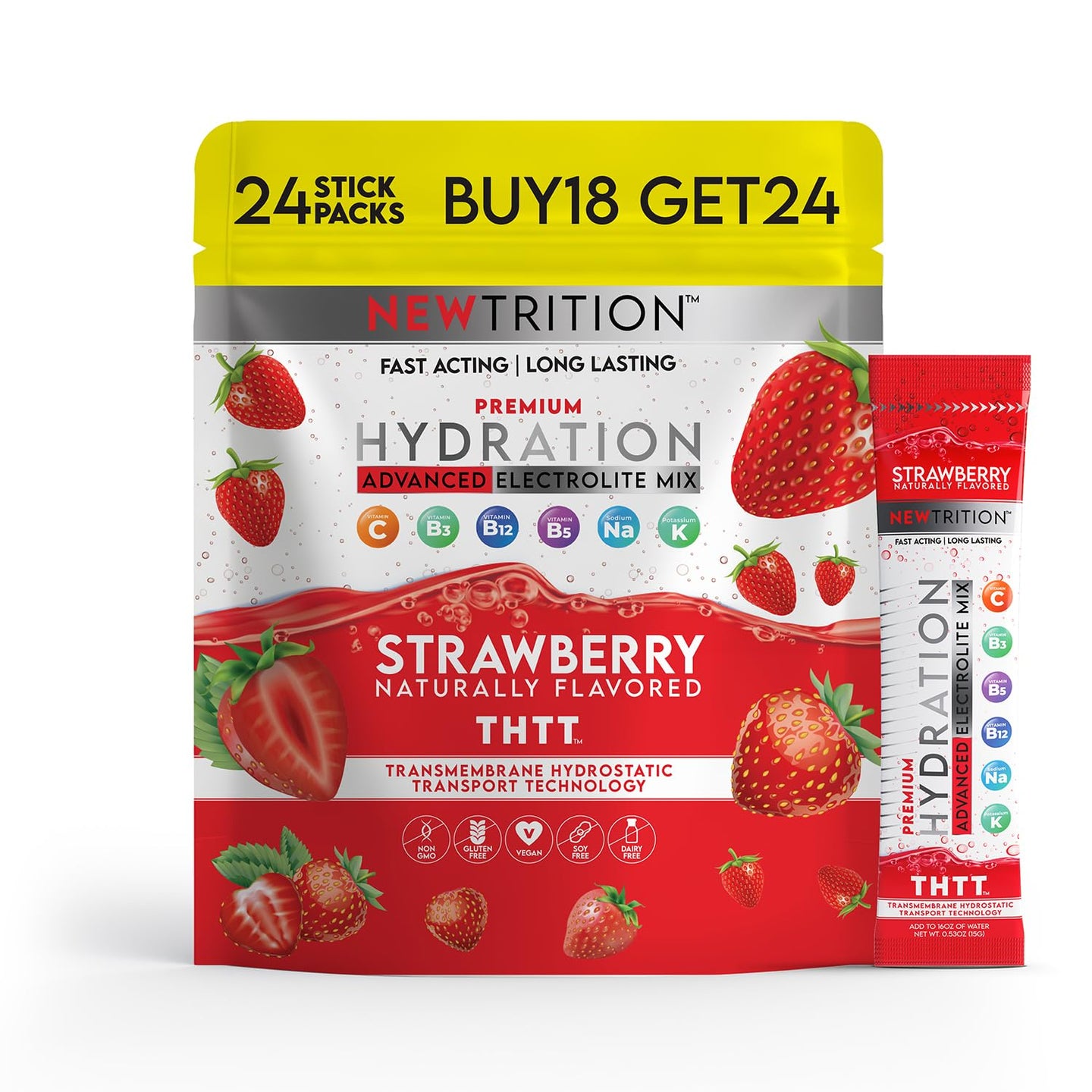 Hydration Packets Electrolyte Drink Powder Packets | Dehydration Relief 24 Servings - Strawberry