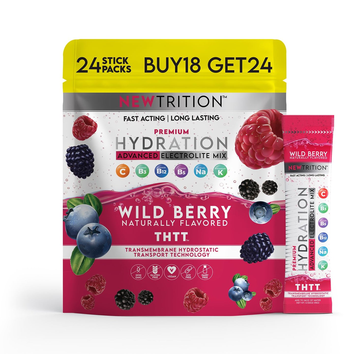 Hydration Packets Electrolyte Drink Powder Packets | Dehydration Relief 24 Servings - Wild Berry