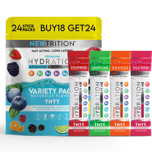 Hydration Packets Electrolyte Drink Powder Packets | Dehydration Relief 24 Servings, Lemon Lime, Orange, Strawberry, Wild Berry